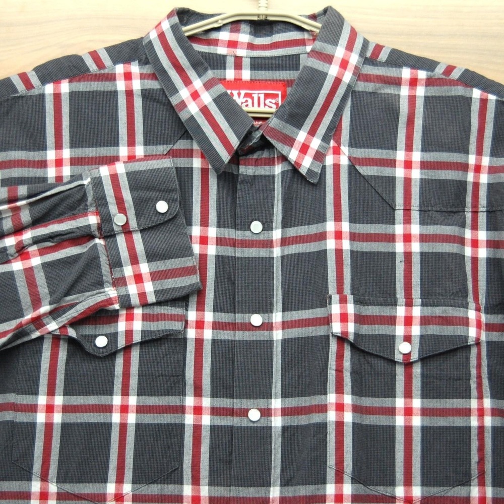 Walls Shirt‎ Mens 2XL Gray Red Plaid Western Pearl Snap Long Sleeve Workwear